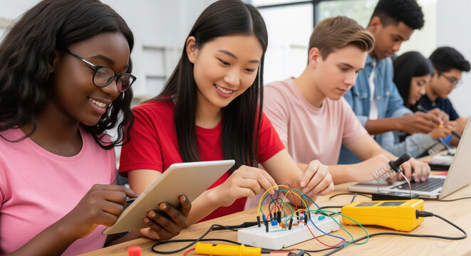 Diverse students collaborating on electronics project, learning STEM skills in class - Powered by Adobe