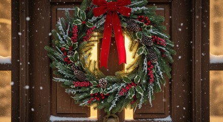 Christmas wreath with red ribbon and candles on a wooden door during winter