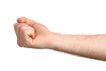 Man showing fist on white background, closeup