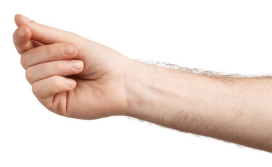 Man holding something on white background, closeup