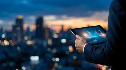 Businessman analyzing financial data and stock market trends on a digital tablet.