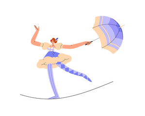 Acrobat is walking on rope with umbrella. Performance of tightrope walker in cirque. Circus artist balances with parasol on wire, string on stage. Flat isolated vector illustration on white background