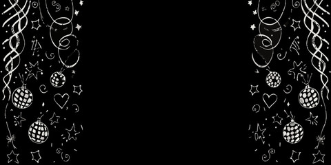Festive black background with white hand drawn holiday decorations on sides