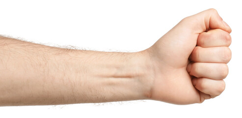 Man showing fist on white background, closeup