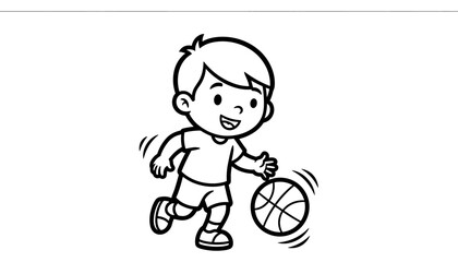 Playful boy dribbling basketball in cartoon style line art