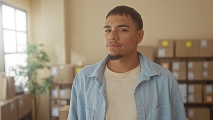 Man standing among stacked boxes, smiling with face visible and looking to side in building; confidence entrepreneurship.