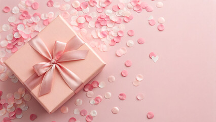A pink gift box with a satin ribbon sits on a pastel pink surface. Surrounding it are scattered heart-shaped confetti pieces with copyspace