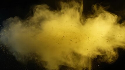 Swirling gold smoke and powder. Thick yellow cloud moves across black space. Dust and particle plume billow and expand. Soft gold explosion forms abstract texture with swirling luminous particle. - Powered by Adobe