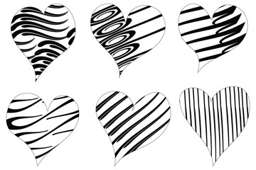 Abstract black and white striped heart pattern collection featuring six decorative modern artistic designs, abstract heart illustrations with bold striped patterns in a modern artistic 