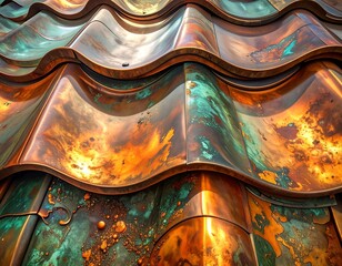 Aged copper roof tiles showcasing beautiful patina and texture details