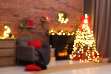 Blurred view of beautiful room decorated for Christmas. Interior design
