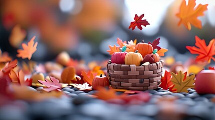 A basket filled with colorful pumpkins surrounded by falling autumn leaves, creating a festive fall scene outdoors.