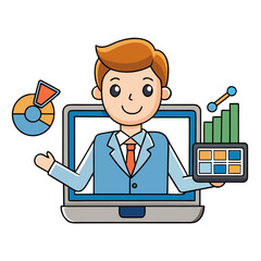 Vector image with business coach holds training on the topic of digital business