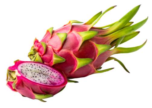 Vibrant pink dragon fruit whole and cut in half revealing speckled pulp showcasing tropical freshness for healthy eating and exotic recipes.