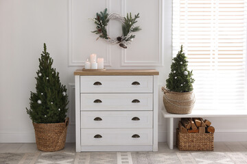 Stylish room with cabinet, small spruce trees and Christmas decor. Interior design