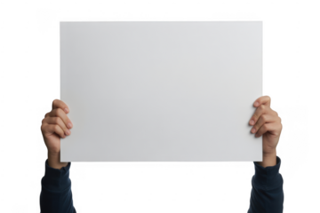 Hands holding a blank white rectangular sign against a black background isolated on a transparent background