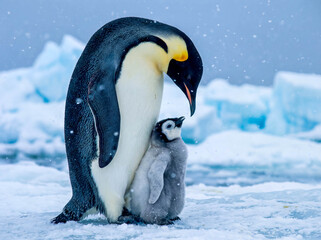 Emperor penguin with fluffy chick standing on ice snow antarctica cold winter family care protection warmth bird wildlife nature parenting survival flightless cute baby grey down feathers close up