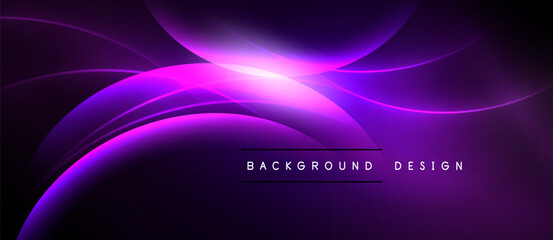 Abstract purple waves radiate from bright center. Dark background emphasizes glowing curves, creating modern visual effect.