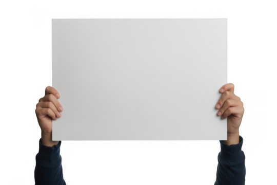 Hands holding a blank white rectangular sign against a black background isolated on a transparent background