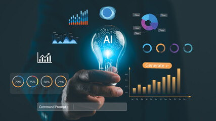 A hand holding a glowing lightbulb with AI graphics and data visualizations, symbolizing innovation and technology in analytics and decision-making.