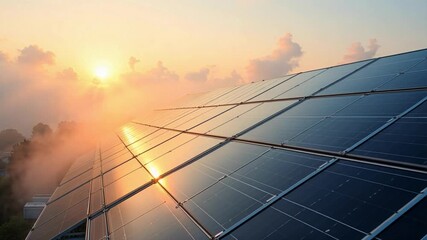 Sunrise bathes solar panels in golden light as fog gently drifts by, creating a serene and sustainable energy vista in stunning 4K footage - Powered by Adobe