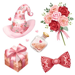 Romantic Valentine&rsquo;s Day clipart set with hearts, roses, ribbons, love symbols, wedding decorations, romantic celebration elements