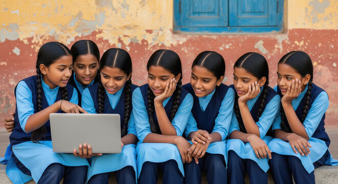 Seven Indian Schoolgirls Collaborating on Laptop Education Outdoors