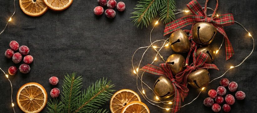 Facebook cover photo flatlay of vintage brass bells, red plaid ribbon, handwritten recipe card for mulled wine, frosted cranberries, and glowing string lights on dark linen, cozy Christmas atmosphere