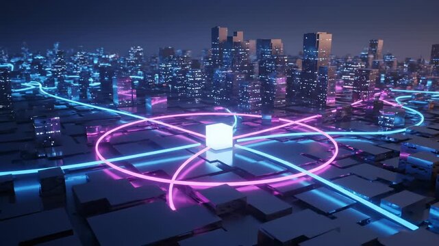 Connecting city network with glowing node. Neon lines radiate across block grid. Data hub floats above urban cube field. Futuristic skyline rises beyond connected blocks with data and server glow.