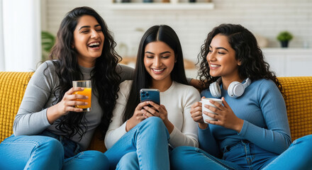 Happy diverse friends relaxing at home, enjoying phone and drinks