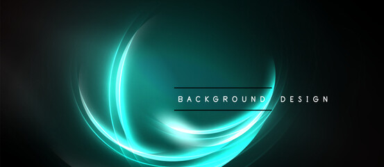 Abstract neon swirls, vibrant turquoise hues, dark background. Minimalist design elements create dynamic visual impact. Text reads background design.