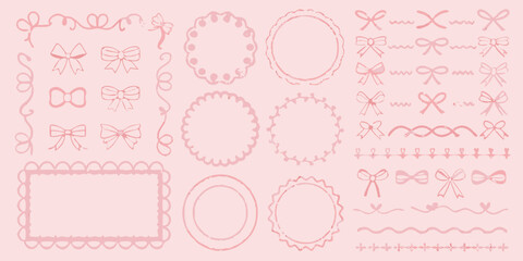 Hand drawn pink frames borders and bows vector illustration set