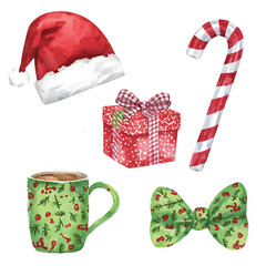 Watercolor Christmas holiday set with Santa hat gifts candy canes ribbon mug and festive decorative elements in cheerful winter seasonal style