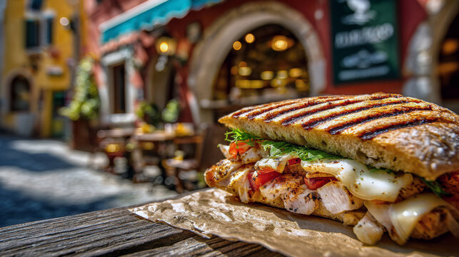 Close-up of a perfectly grilled chicken and melted cheese sandwich (panini) on a rustic wooden surface and parchment paper, set outdoors with a colorful, blurred European cafe background