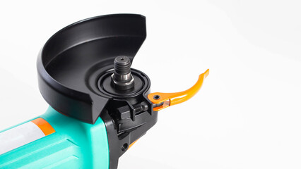 Installing the protective cover on a new grinder before use. Safety precautions, white background,...