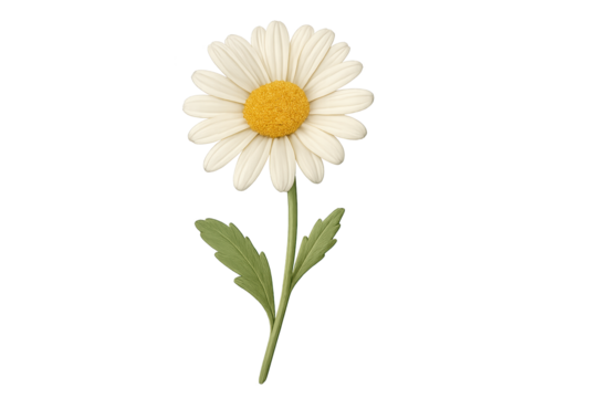White daisy with yellow center on green stem and leaves, isolated on transparent background