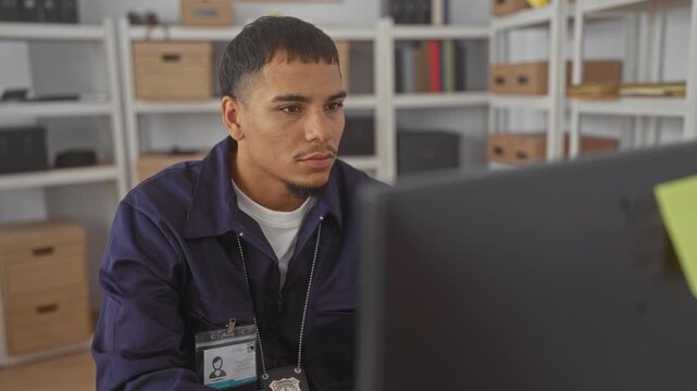 Young hispanic man police investigator wearing badge and id holds head with both hands at desk looking at computer monitor in building; frustration.