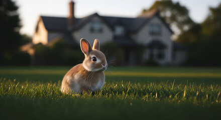 Baby Rabbit on Grass in Front of Suburban House at Dusk