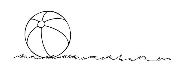Simple black and white line drawing of a beach ball resting on sketched grass, perfect for summer themed projects and playful designs.