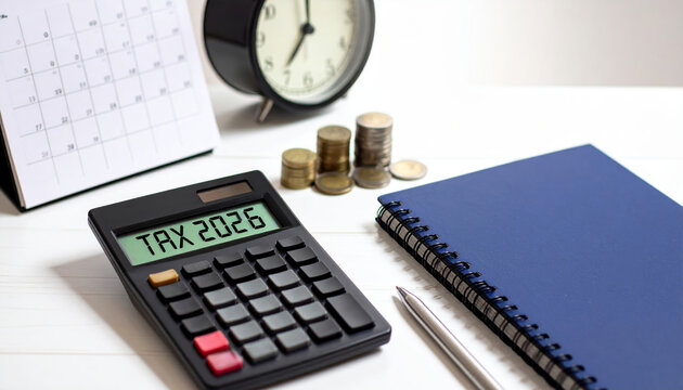 Tax season finance business money accounting budget economy financial planning tools desk with calculator notebook coins calendar and clock