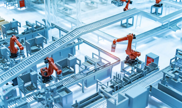 model of smart robot in manufacturing industry in intellegence factory warehouse for industry 4.0 and technology concept