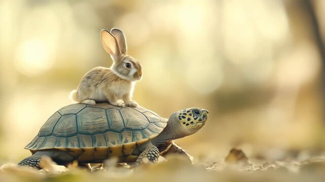 Cute Brown Bunny Rabbit Riding on a Tortoise Shell in Soft Golden Sunlight Outdoors