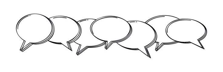 Fototapeta premium Series of hand drawn speech bubbles overlapping each other in a horizontal line on a white background for communication concepts and discussion themes