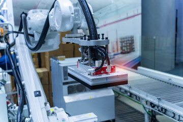Articulated robotic arm at packaging line in factory