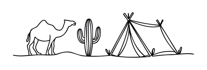 Desert scene with a camel, cactus and a tent suitable for adventure travel and nomadic lifestyle themes