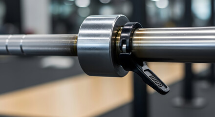 Metal barbell with lock indoors at sport gym close up image