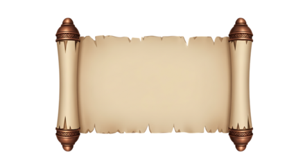 Old Parchment Scroll with Torn Edges and Copper Decorative Ends on Black vintage antique isolated on a transparent background