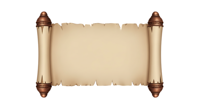 Old Parchment Scroll with Torn Edges and Copper Decorative Ends on Black vintage antique isolated on a transparent background