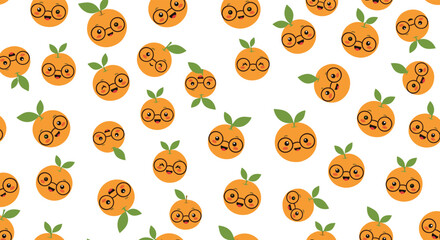 Obraz premium A pattern of cute cartoon oranges wearing glasses and smiling.
