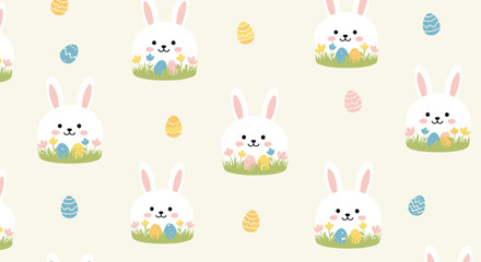 Fototapeta premium Cute white bunnies celebrating spring with colorful easter eggs and blooming flowers in a joyful pattern.